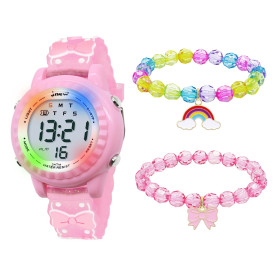 HMJIA Montre Enfant pour 3-12 Ans, Garçon et Fille, Étanche 3ATM Avec Alarme/Date/Chronomètre/LED (LED Papillon Rose) HMJIA Montre Enfant pour 3-12 Ans