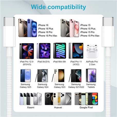 Cable IPhone 16 15 [0.3 1 1 2M/Lot De4], 60W Câble Chargeur Type C Pour IPhone 17/16/16 Pro Max/15 Plus/15 Pro/15/iPad Pro/Air/MacBook Air/Samsung S25/S24/S23, Cable USB C Charge Rapide Nylon Cordon