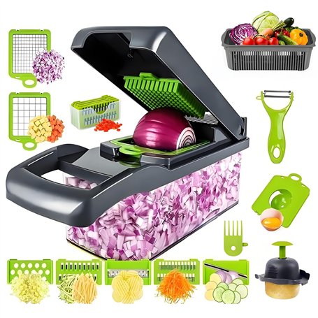 AGSYFFD Coupe légumes multifonctionnel 16 en 1 Coupe légumes manuel Coupe légumes avec 7 lames interchangeables