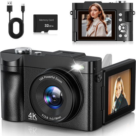 4K Appareil Photo Numérique 50MP Autofocus Compact Caméra avec 2.8'' Écran Rabattable 180° Digital Camera Zoom Numérique 16X ave