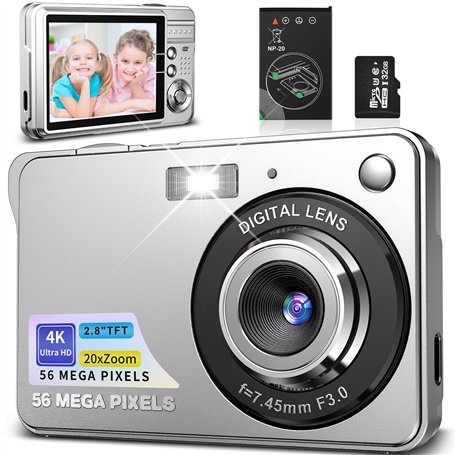 Appareil Photo Numérique 56MP 4K Compact Caméra Zoom Numérique 20X Digital Camera avec Carte de 32 Go pour Étudiant Adulte Début