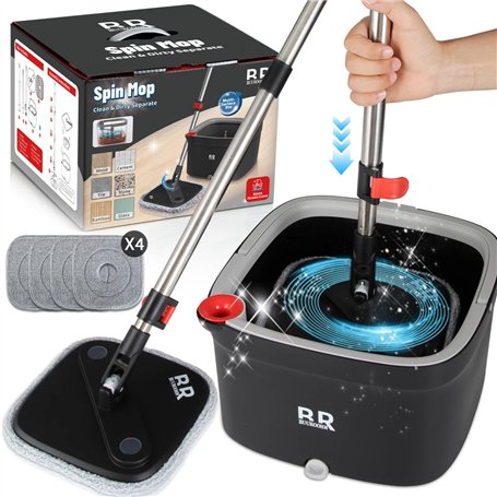 BUUROOHM Ensemble de seaux Si Mo 360° avec essoreuse et 4 tampons en microfibre avec poignée télescopique pré-ajustée avec sécha