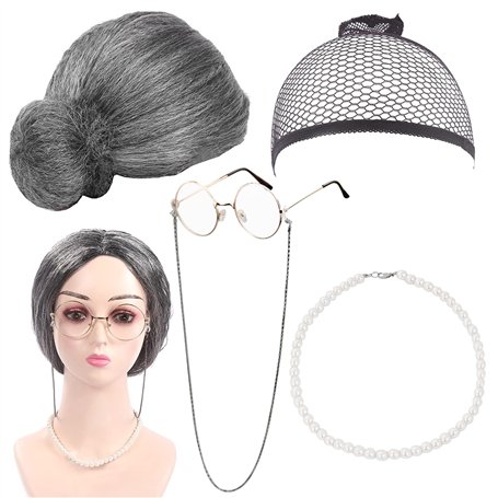 BLUESEABUY 5 Pcs Kit de Deguisement Grand Mere Vieille Dame Déguisement Accessoire avec Perruque Cap Perruque Grand Mère Lunette