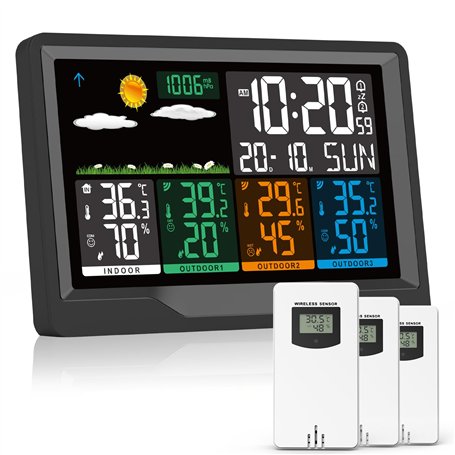 Station Meteo Interieur Exterieur Sans Fil avec 3 Capteurs Thermomètre Hygromètre LCD Écran Couleur avec Alerte Température Mété