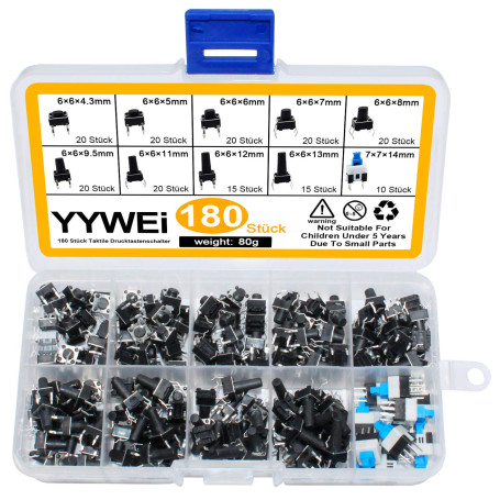 180Pcs Tactile Bouton-Poussoir Bouton Poussoir Tactiles Kit D'assortiment D'interrupteurs