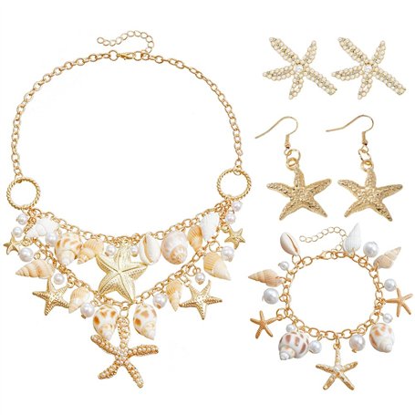XFSRG Accessoire Costume de Sirène pour Femmes avec Collier Coquillage Étoile de Mer Bracelet et Boucles dOreilles comme Bijoux