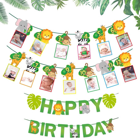Bannière Animaux Safari Jungle Jungle Bannière de 1er Bebe Photo Bannière 1-12 Mois Bannière Photo Animaux Guirlande Photo 1er A