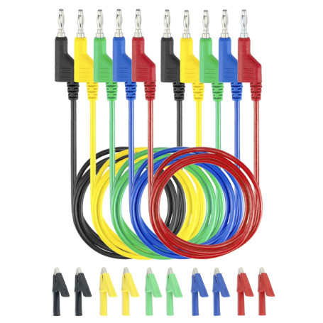 QWORK 5PCS Fils de Test de Multimètre Électronique - 19A 1000V 5 Câble de Test avec Fiche Banane 4mm et 10 Pinces Crocodiles pou