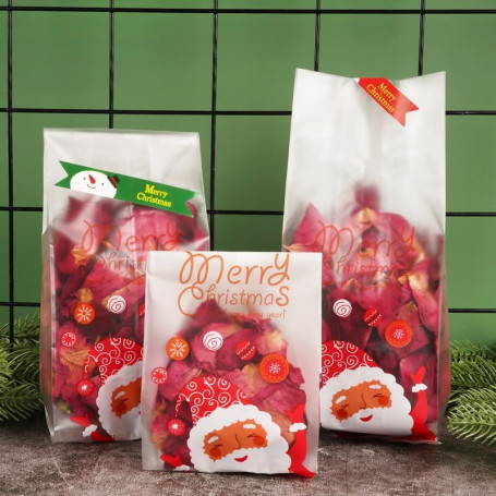 50pcs Sac à Bonbons Noël Transparent Sachet Pochette Père Noël Cadeau d'Emballage en Plastique + 70pcs Autocollant Sticker Forme
