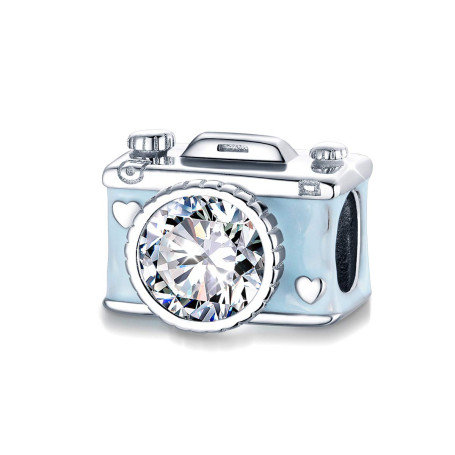 Breloque en forme d'appareil photo pour bracelet Pandora en argent sterling 925 et émail bleu et noir