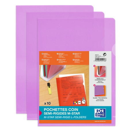 Oxford Lot de 10 Pochettes-Coin M Star A4 PVC Lisse Epaisseur 15/100ème Violet