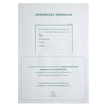 Exacompta Recharge 100 Feuillets pour registre Délibération Assemblée Générale A4