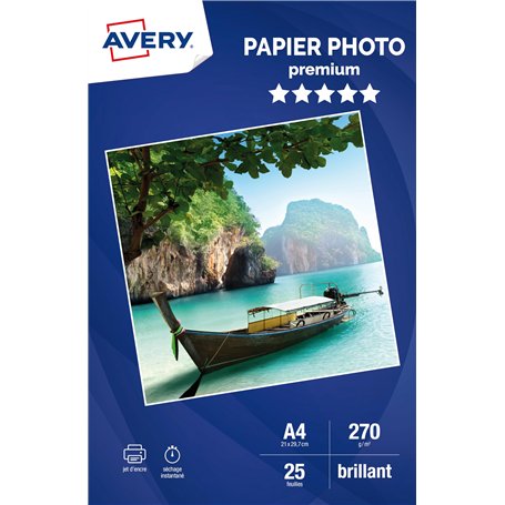 AVERY - 25 feuilles de papier photo 270g/m² brillant. Format A4. Impression jet d'encre.