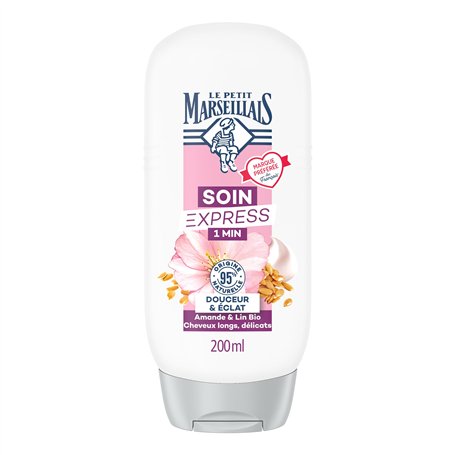 Le Petit Marseillais | Soin Express 1 Min Douceur & Éclat Amande & Lin Bio (flacon de 200 ml) – Après-shampooing pour cheveux lo
