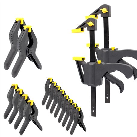 FISHTEC - Kit Complet de Serrage pour Travaux Bois - 16 Pièces : 14 Pinces de Serrage à Ressorts (3 Tailles) + 2 Serres-Joints à