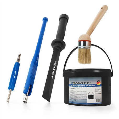 Seau de graisse à pneu 3 kg noir I Crème de montage pour Pneu noire I Tournevis pour valve + extracteur pour valve I Levier de v