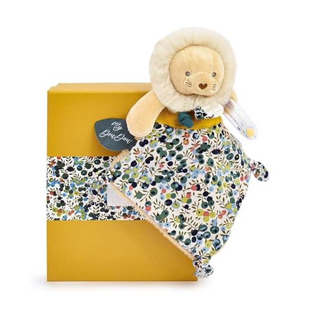 DOUDOU ET COMPAGNIE – BOH’AIME Doudou Hochet Lion – Tissu Liberty Ocre – Peluche Sensorielle & Éveil – Hochet Intégré – Ultra Do
