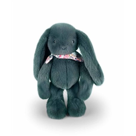 DOUDOU ET COMPAGNIE - Lapin Fleurette Eucalyptus 35 cm – Peluche Ultra Douce Vert Foncé – Doudou Bébé dès la Naissance – Foulard
