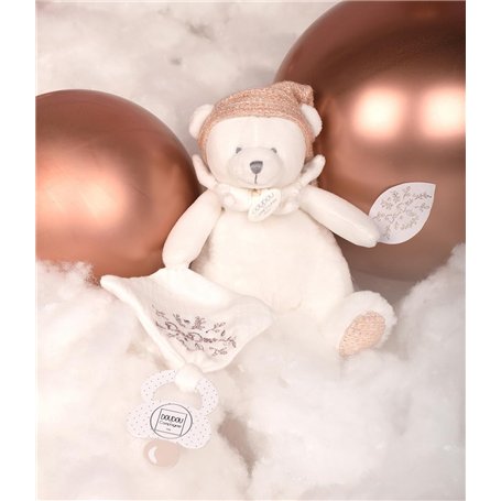DOUDOU ET COMPAGNIE - Ours Rose Pantin Attache-Sucette Édition 25 Ans – Doudou Peluche Bébé Ultra Doux avec Boîte Cadeau pour Of