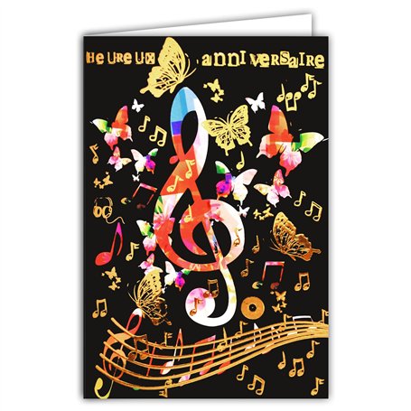 Carte Double Anniversaire - notes de musique avec Dorure - Format 12 x 17