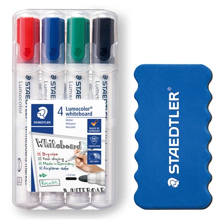 Staedtler Lumocolor 351 WP4P1X Lot de 4 marqueurs effaçables à sec et sans laisser de traces avec éponge 2 mm