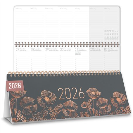 Häfft® Calendrier de bureau international 2026 horizontal "Poppy" 1 semaine 2 pages