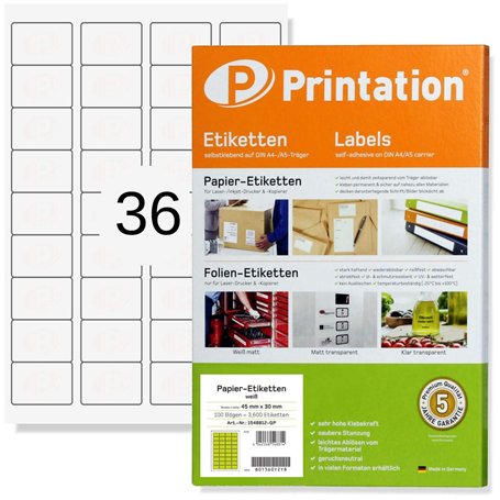 Printation Étiquettes universelles 45 x 30 mm blanches coins arrondis – 3600 étiquettes adhésives à imprimer sur 100 feuilles A4