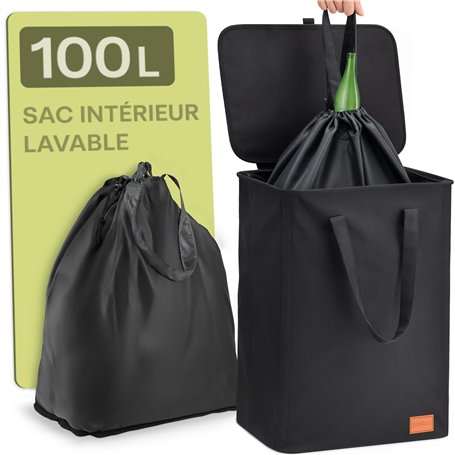 Poubelle de Tri Sélectif 100L - Collecteur de Bouteilles pour Recyclables & Verre - Poignées Doubles - Cordon Sécurisé - Résista
