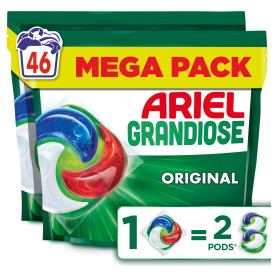 Ariel Grandiose PODS Original, 46 Lavages, 2X Action Détachante et Anti-Odeur, Dissolution Rapide Même à Froid, Économisez 60% d