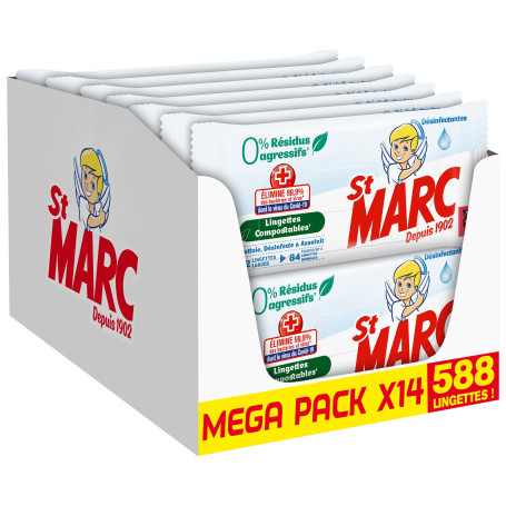 St Marc Lingette nettoyante Désinfectante 0% Résidus Agressifs, Compostable - 42 lingettes antibactérien larges en Lot de 14 (To