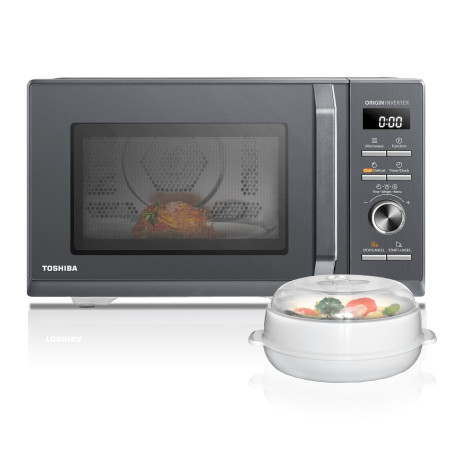 Toshiba MW3-AC26PFI(MG) Four à Micro-ondes 26L Air chaud combiné, 6-en-1 900W avec Cuiseur Vapeur en Gris Morandi, 6 Programmes