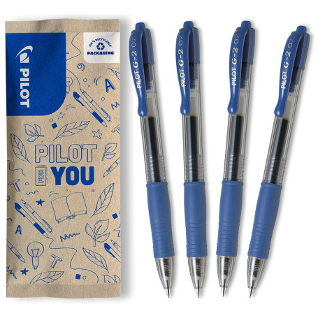 PILOT - Lot de 4 G2 Stylos roller à encre gel rétractables et rechargeables - Stylos en plastique recyclé - Bleu - Pointe moyenn