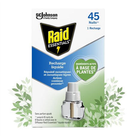 Raid Essentials Recharge Diffuseur Électrique Liquide - Répulsif Moustiques et Moustiques Tigres 45 Nuits - Sans Parfum Ajouté -