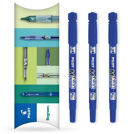 Pilot Lot de 3 marqueurs permanents 2 en 1 à double pointe fine et extra fine - Gamme Begreen 76 % recyclé (bleu)