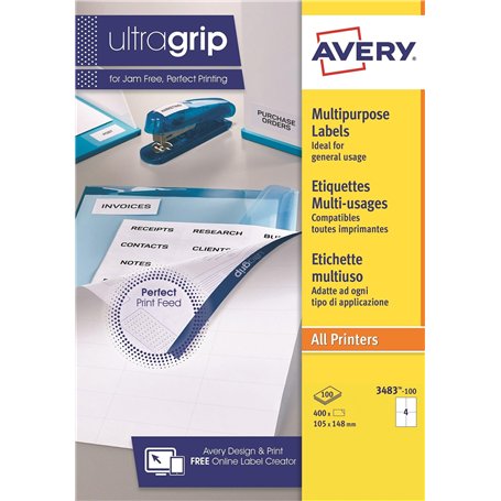 AVERY - 400 Étiquettes Multi-Usages UltraGrip Personnalisables - Sans Bourrage - Format 105 x 148 mm - Impression Laser