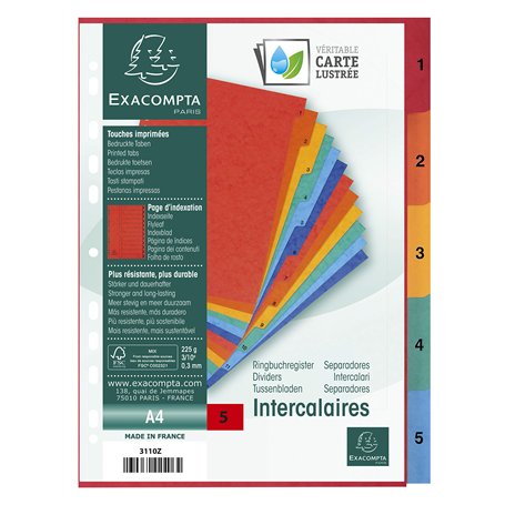 Exacompta - Réf. 3110Z - Intercalaires en véritable carte lustrée souple 225g/m2 FSC® avec 5 onglets imprimés numériques de 1 à
