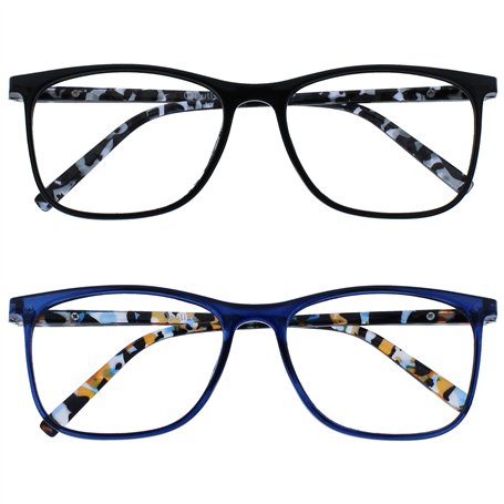 OPULIZE Arc Lunettes de Lecture Pack de 2 Montures Carrées Minces Élégantes Charnières à Ressort Anti-Rayures Noir Bleu Branches