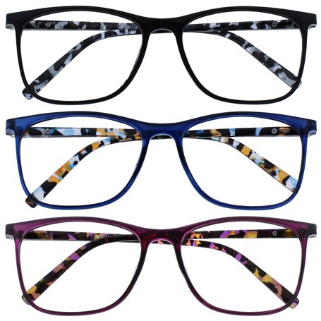OPULIZE Arc Lunettes de Lecture Pack de 3 Montures Carrées Minces Élégantes Charnières à Ressort Anti-Rayures Noir Bleu Violet B