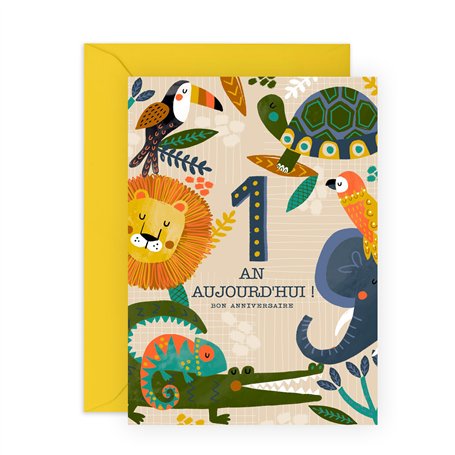 Central 23 Carte De 1er Anniversaire Pour Enfant - Jolie Carte De Voeux Pour Garçon Et Fille - 1 An - Animaux Sauvages - Livrée