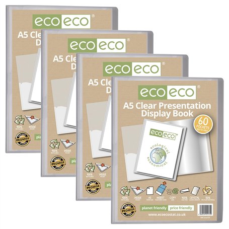 eco-eco Lot de 4 porte-vues transparents avec pochettes en plastique Format A5 50% recyclé 60 pochettes