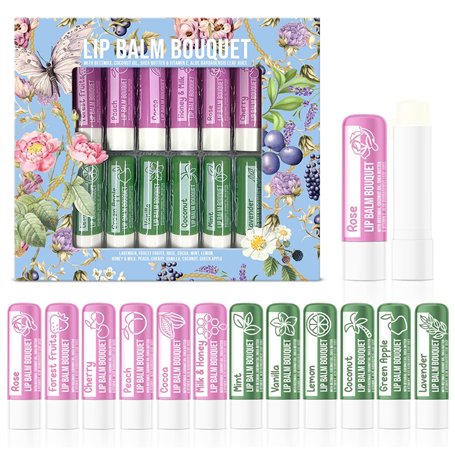 Beauty4Britain Ensemble de 12 Baumes à Lèvres de Luxe Bouquet 12 Parfums Différents Unisexe Protège & Répare Hydrate Enrichi en