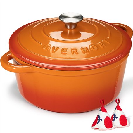 Overmont Cocotte en Fonte Émaillée - Ø24 cm Casserole Antiadhésive Avec Couvercle et Maniques en Coton - Batterie de Cuisine Rob