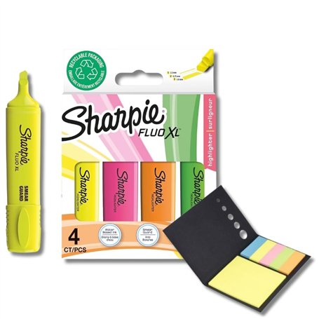 SHARPIE Surligneur Fluo XL | Chisel Tip Highlighter Pen | Lot de 4 surligneurs + Notes autocollantes