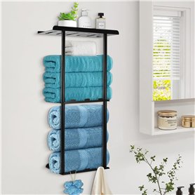 Samlonge 76cm Porte Serviette Mural, 3 Étages Porte Serviette Salle de Bain sans Perçage avec 6 Crochets et Garde-Corps Support  Samlonge 76cm Porte Serviette Mural