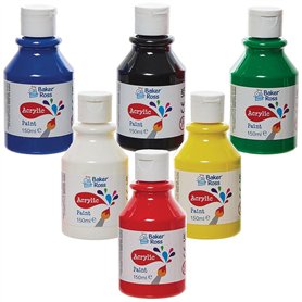 Baker Ross FN505 Peintures acryliques couleurs primaires, lot de 150 ml - Lot de 6, lot économique de bouteilles de peinture, pe Baker Ross FN505 Peintures acryliques couleurs primaires