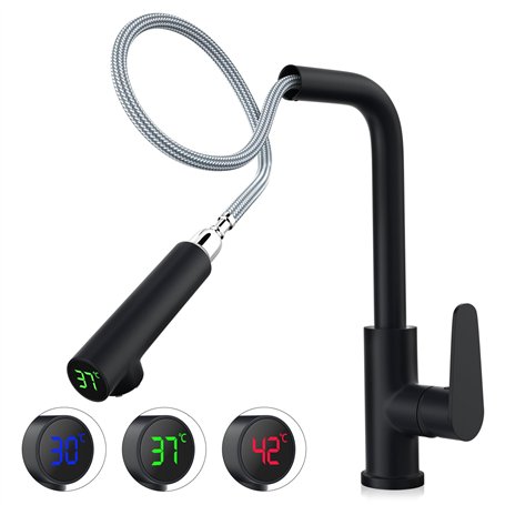 Robinet de cuisine noir avec affichage de la température