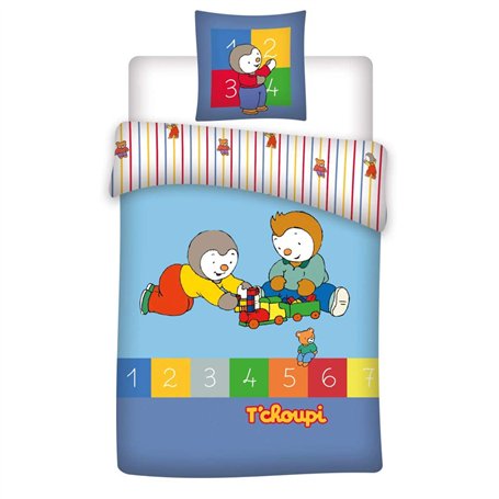 T'choupi Parure de lit Réversible 100% Coton - Housse de Couette 140x200 cm + Taie 65x65 cm Tchoupi