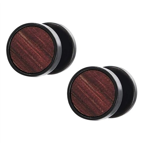 2 Noir Cercle Boucles d'oreilles avec Bois Homme Femme - Bouchon Jauge Faux Cheater Fake Gauges Plugs - Acier 1 Paire 01(-)