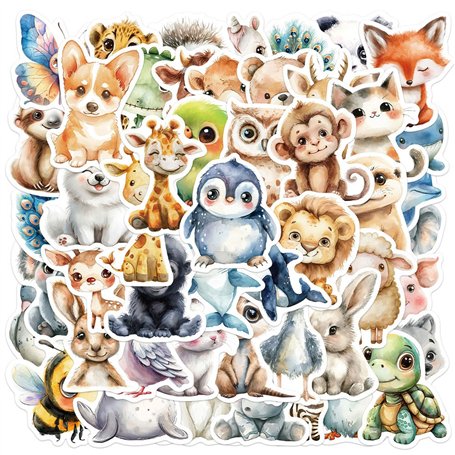 BETESSIN 50Pcs Stickers Animaux en Aquarelle Autocollants Enfant Imperméable en Vinyle pour Scrapbooking Artisanat Bricolage