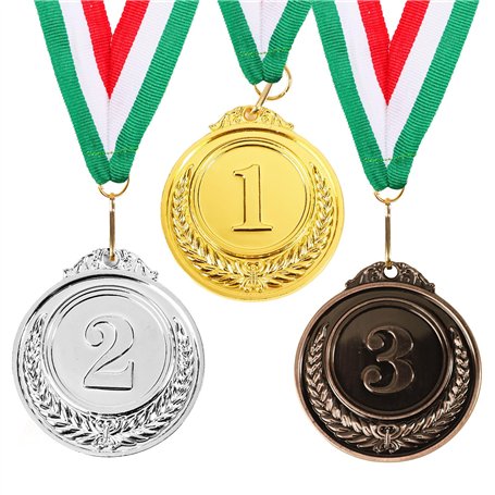 GEBETTER 3Pcs Médaille Italien Médaille d’Or Argent Bronze pour Gagnant Trophée Jouet Sport avec Ruban Rouge Vert Blanc